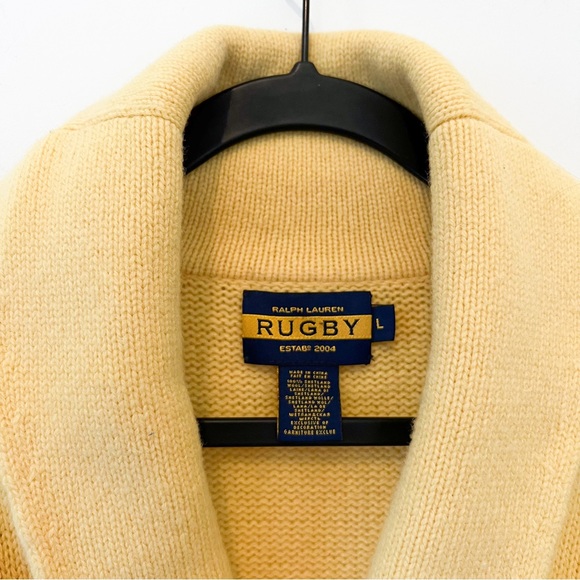 ralph lauren | yellow rugby sweater leather knitted buttons suede elbow … - Picture 3 of 4